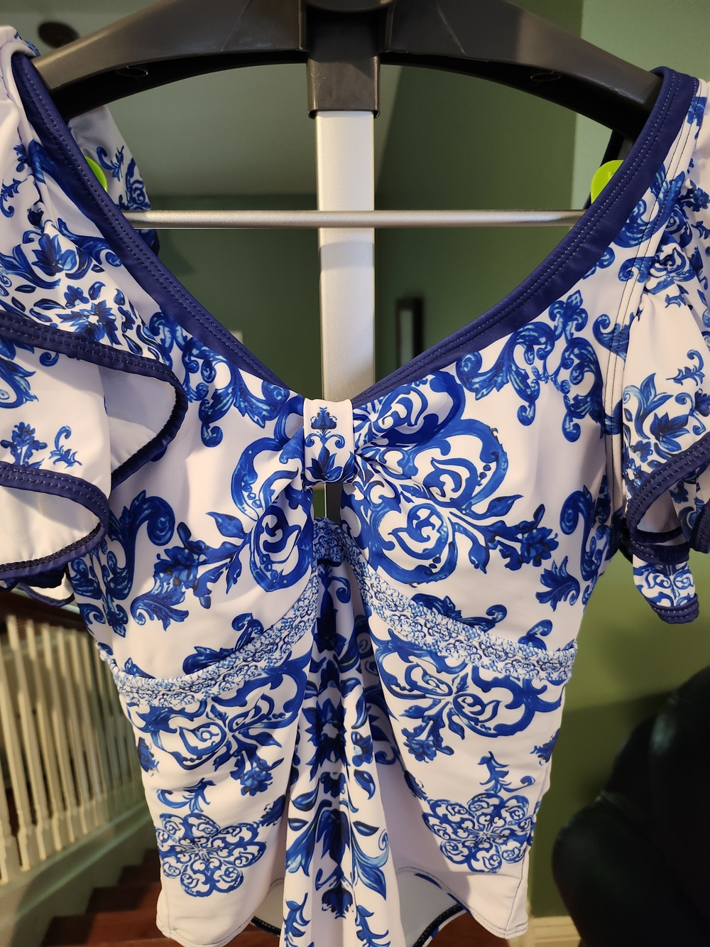 Blue & White Floral Tie-Front Women's Swimsuit With Matching Skirt.